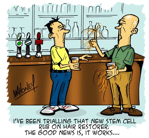 'I've been trialling that new stem cell rub on hair restorer. The good news is, it works...'