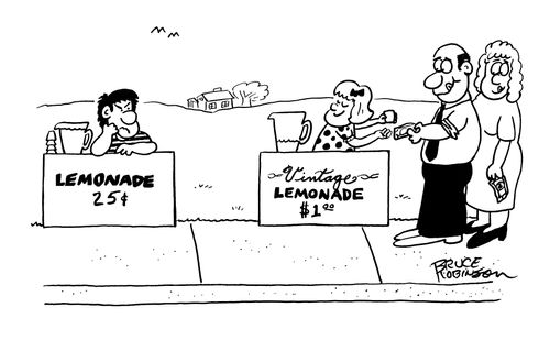 Boy at LEMONADE stand with no customers & girl at VINTAGE LEMONADE stand with customers.