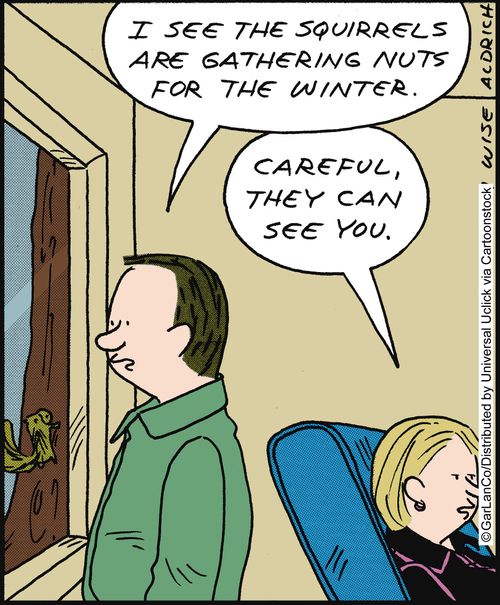 'I see the squirrels are gathering nuts for the winter.' 'Careful, they can see you.'