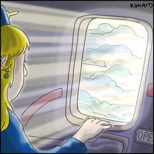 Flight attendant looking out a lighted window.