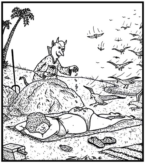 The Devil playing a prank on a woman dropping chips on her to attract Gulls.
