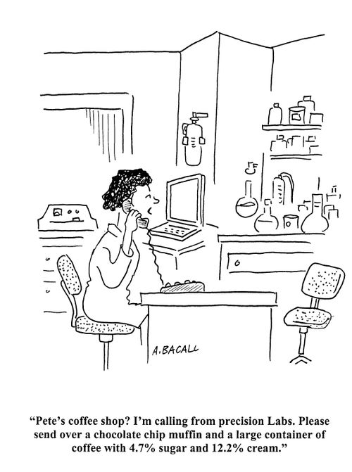 'Pete's coffee shop? I'm calling from precision Labs. Please send over a chocolate muffin and a large container of coffee with 4.7 sugar and 12.2 cream.'