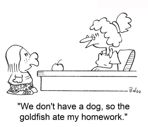 'We don't have a dog, so the goldfish ate my homework.'