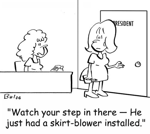 'Watch your step in there -- He just had a skirt-blower installed.'