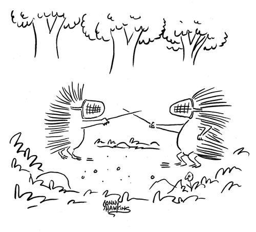 Porcupines fencing with quills.