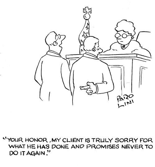 'Your Honour, my client is truly sorry for what he has done and promises never to do it again.'
