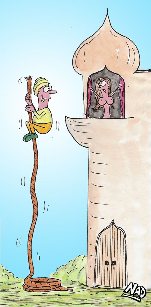 Indian rope trick is used to spy on a young lady in a tower