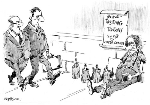 Street beggar with paper-bagged wine and sign reading 'Wine Tasting Today - $5.00'