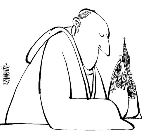 Praying monk with steeple hands.