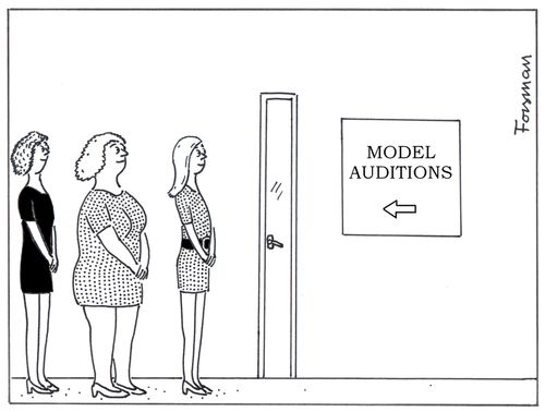 Girls standing at narrow door, waiting to audition as models.