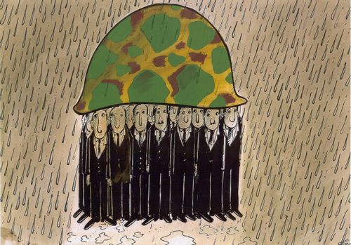 Business Men Hiding Under Soldier's Helmet