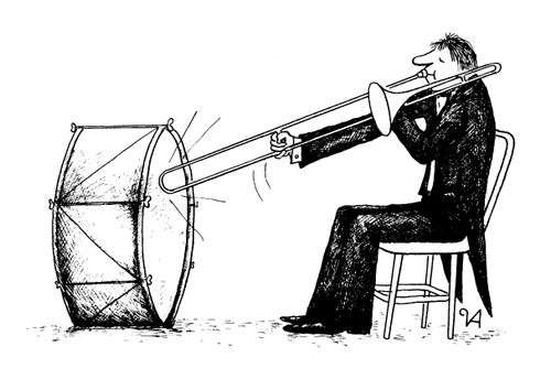 Man Blowing Trumpet into Drum