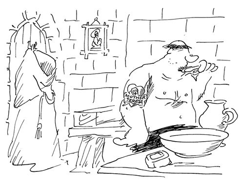 Big monk with a Mother Teresa tattoo