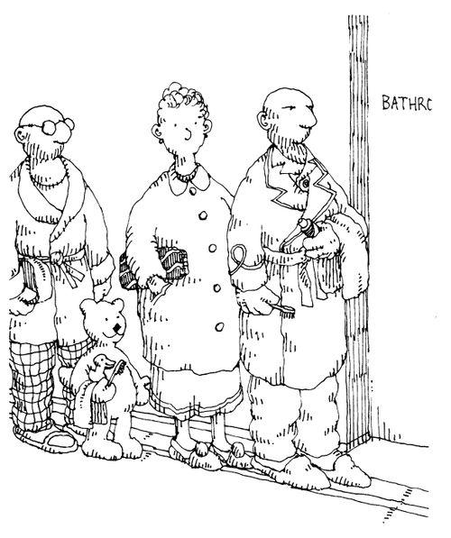 Teddy queuing for the Bathroom