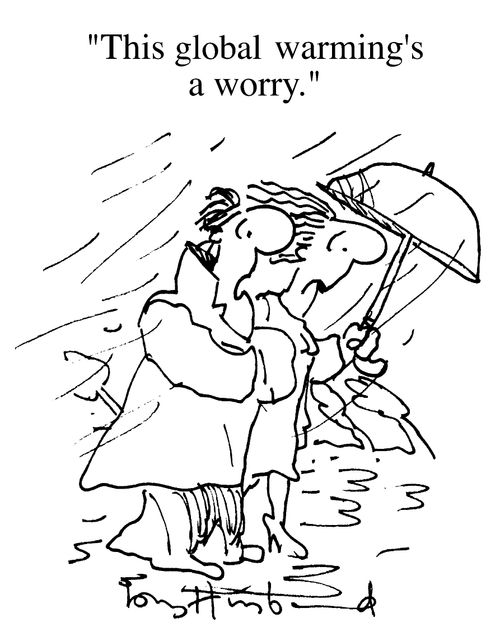 Couple walking in wind and rain, "This global warming's a worry"