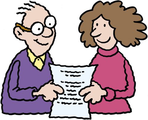 happy man and woman read a document together
