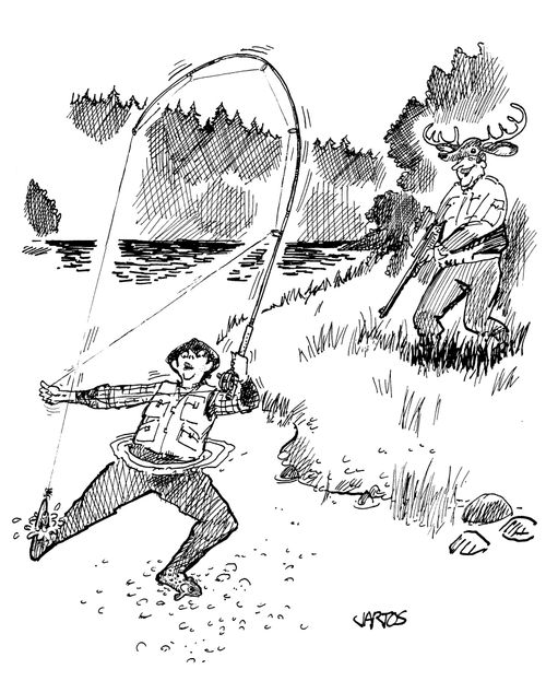 Man fly-fishing catches his own foot.
