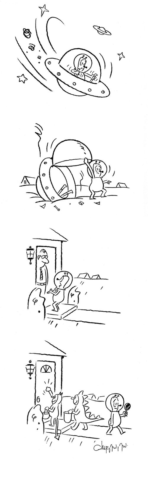 Alien Spaceship Crashes - On Halloween.  House owner think he is trick or treating.