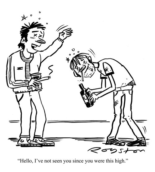 Two inebriated friends meet, one says: 'Hello, I've not seen you since you were this high.'