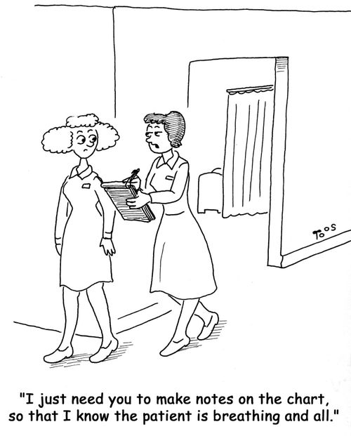 'I just need you to make notes on the chart, so that I know the patient is breathing and all.'