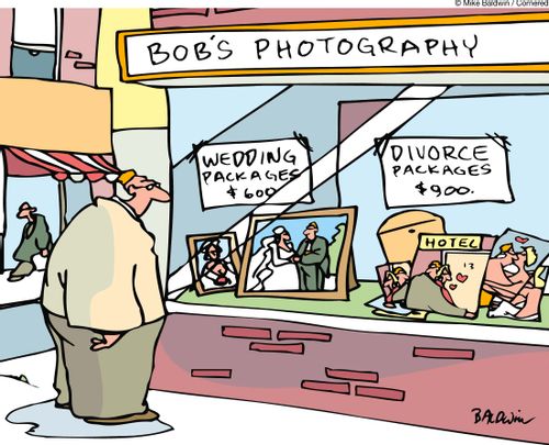 Photography store offers wedding and divorce packages.