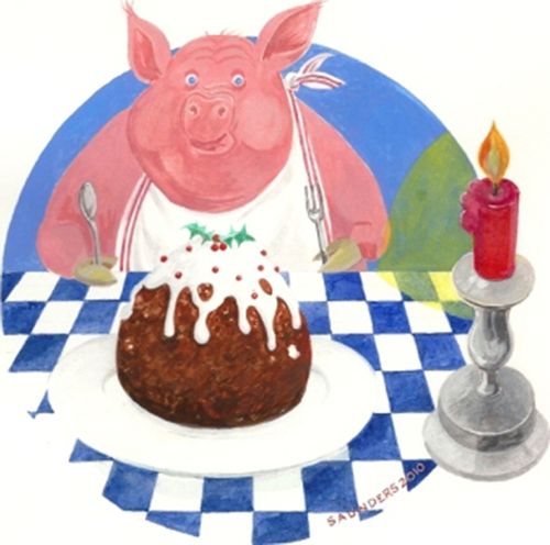 Pig eating Christmas pudding