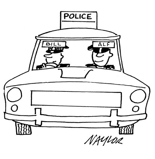 Policemen Bill and Alf in police car.