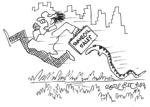 Snake chases 'snakeoil' salesman.