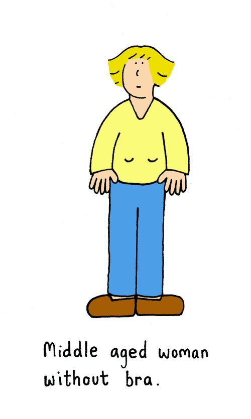 Middle aged woman without bra.