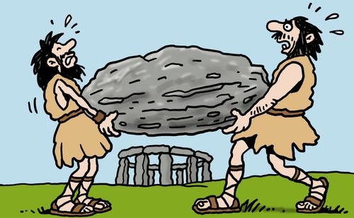 Two prehistoric men struggle to lift a heavy rock near Stonehenge.