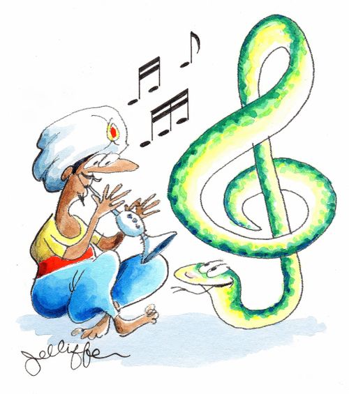 Snake charmer charms snake into the shape of a treble clef.