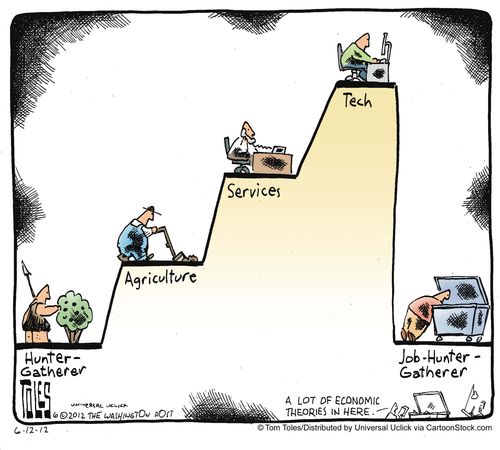 Hunter-Gatherer, Agriculture, Services, Tech. . . Job-Hunter-Gatherer.