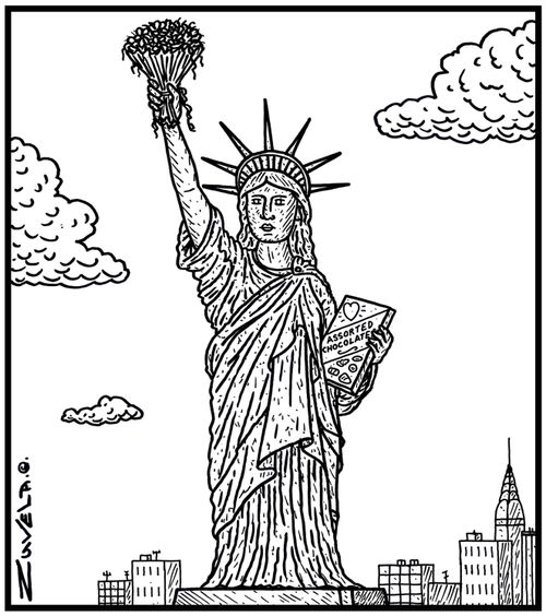 The Statue of Liberty with Flowers and Chocolates.