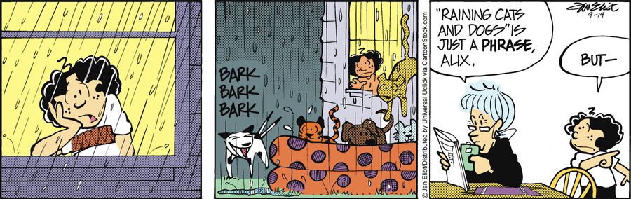 ''Raining cats and dogs' is just a phrase, Alix.'