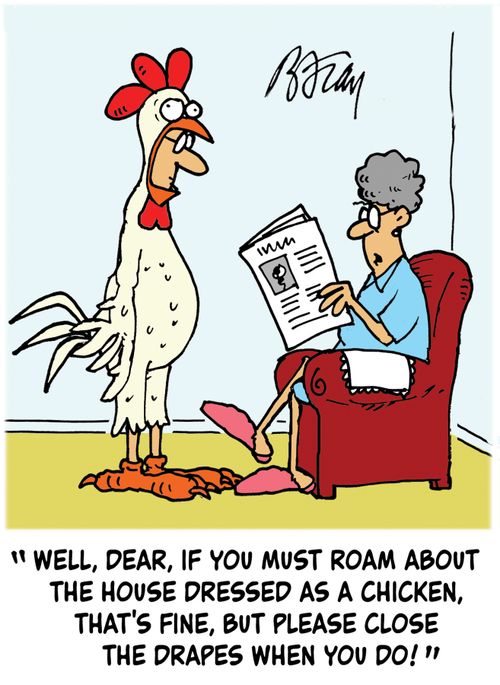 'Well, Dear, if you must roam about the house dressed as a chicken, that's fine, but please close the drapes when you do!'