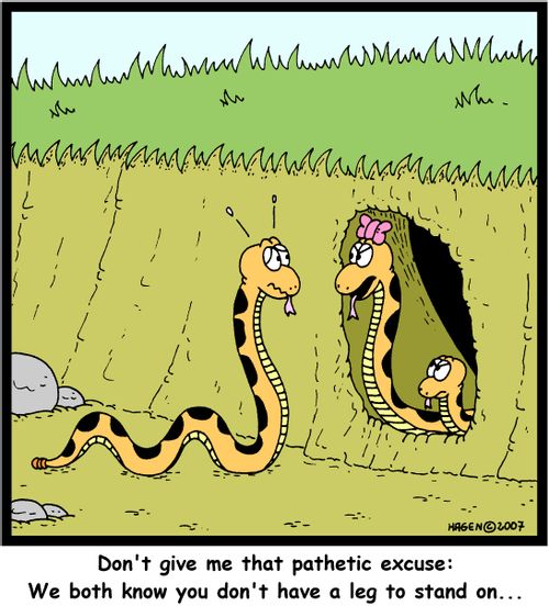 Don't give me that pathetic excuse: We both know you don't have a leg to stand on...