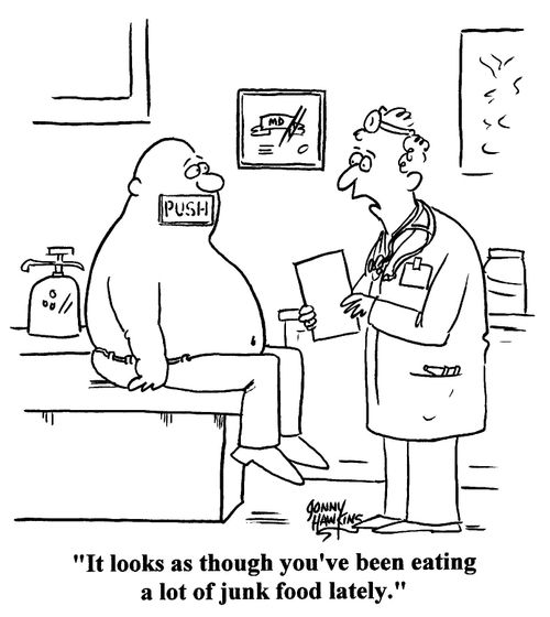 Doctor to man with 'Push' door on mouth: 'It looks as though you've been eating a lot of junk food lately.'