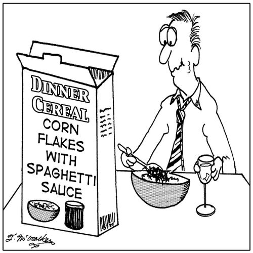 Dinner Cereal, Corn Flakes with Spaghetti Sauce.