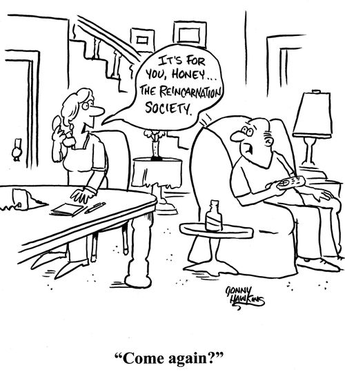 Wife: 'It's for you, honey - the Reincarnation Society.' 