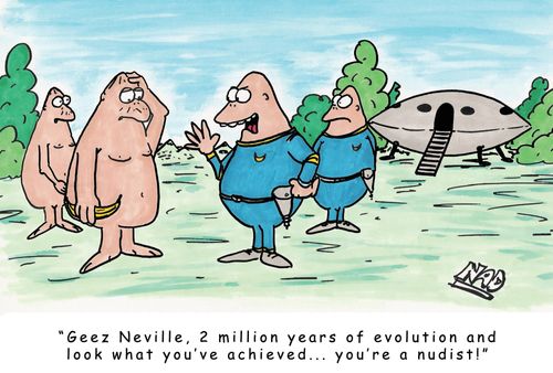 A gorilla returns in his space ship and discovers (to his disappointment) that the gorillas they left behind haven't really evolved - infact they have become nudists!