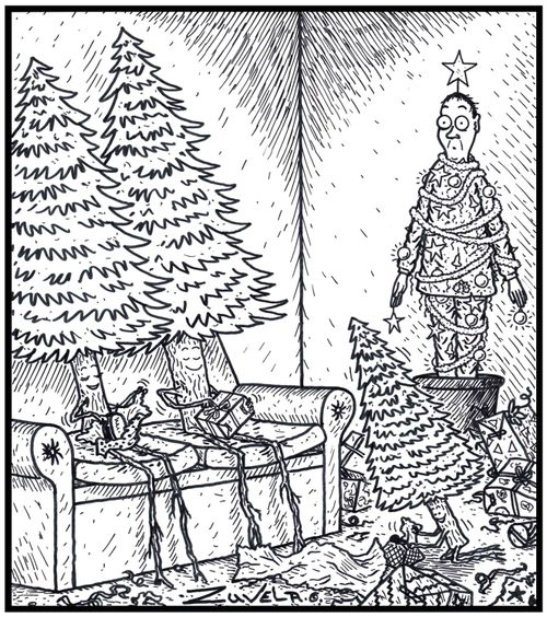 A Human Male Christmas tree in the corner of a Pine tree family's home on Christmas day.