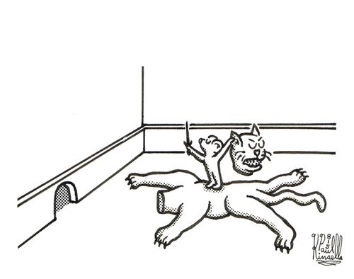 Mouse has fought a cat and won by severing his head with a sword and is holding it aloft in victory.
