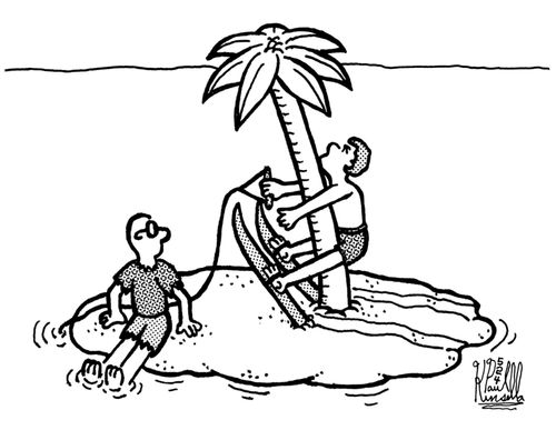 Water skier hits palm tree on deserted island.