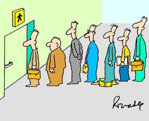 Man wetting himself in a toilet queue.