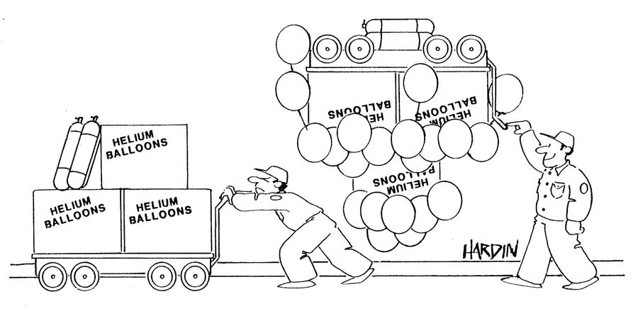 Inflating helium balloons to transport them.