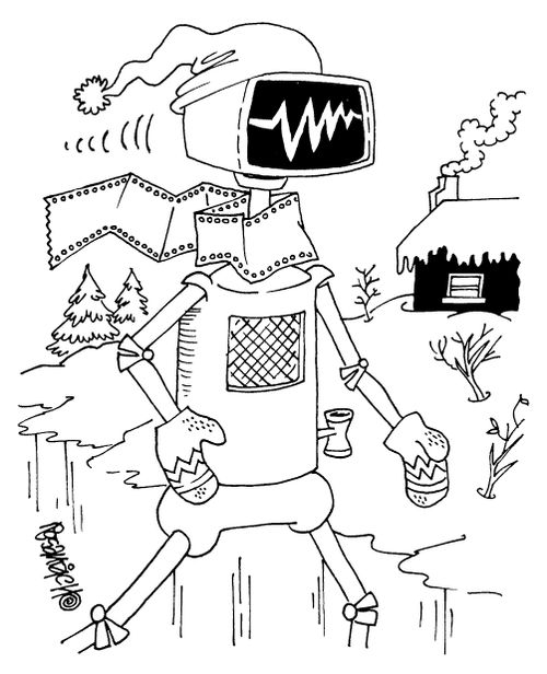 Android with a computer print out as a scarf