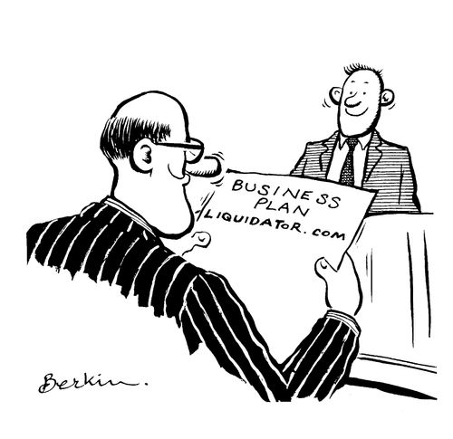 Bank manager approving 'Liquidator.com' business plan