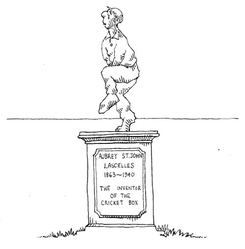 Statue in memory of Lascelles clutching groin stating 'Inventor of the cricket box'
