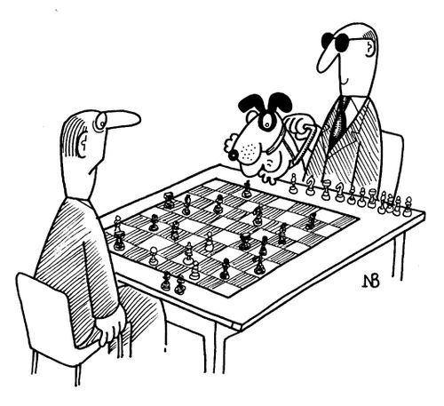 Blind Man playing chess with guide dog