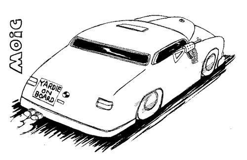 Big car with machine gun poking through window, bumper sticker reads: Yardie on board.